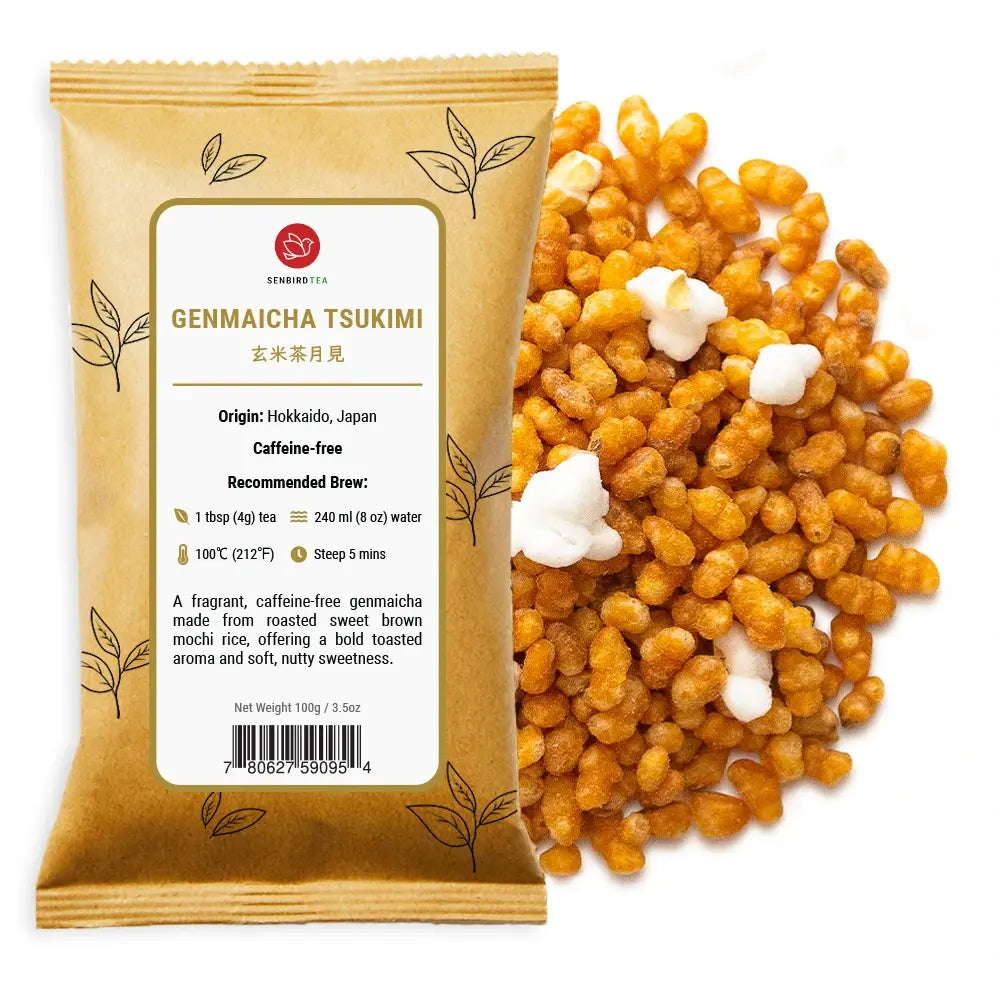 Genmaicha green tea Tsukimi refill pouch with loose caffeine-free brown rice herbal tea by Senbird Tea