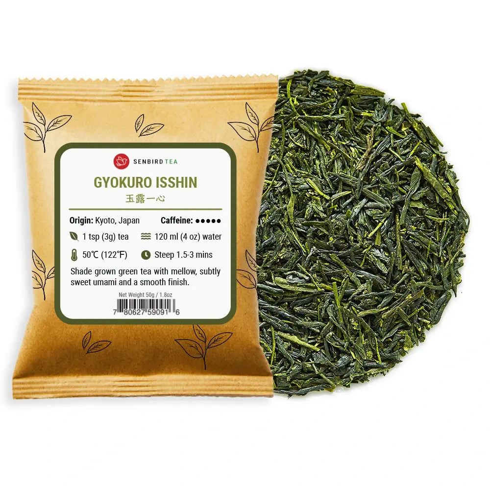 Gyokuro Isshin refill pouch with loose shade-grown Japanese green tea pile by Senbird Tea