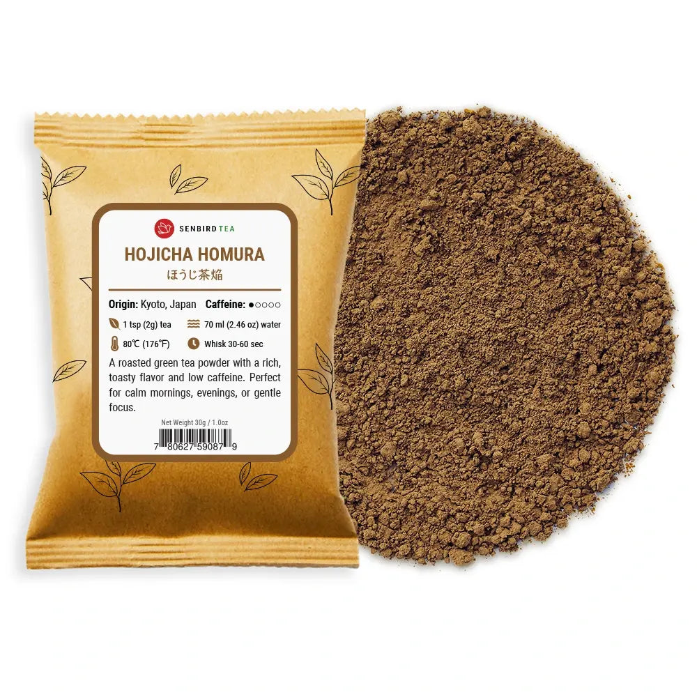 Hojicha Homura refill pouch with roasted Japanese green tea powder pile by Senbird Tea
