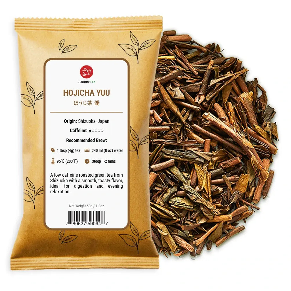 Hojicha Yuu refill pouch with loose roasted Japanese green tea pile by Senbird Tea