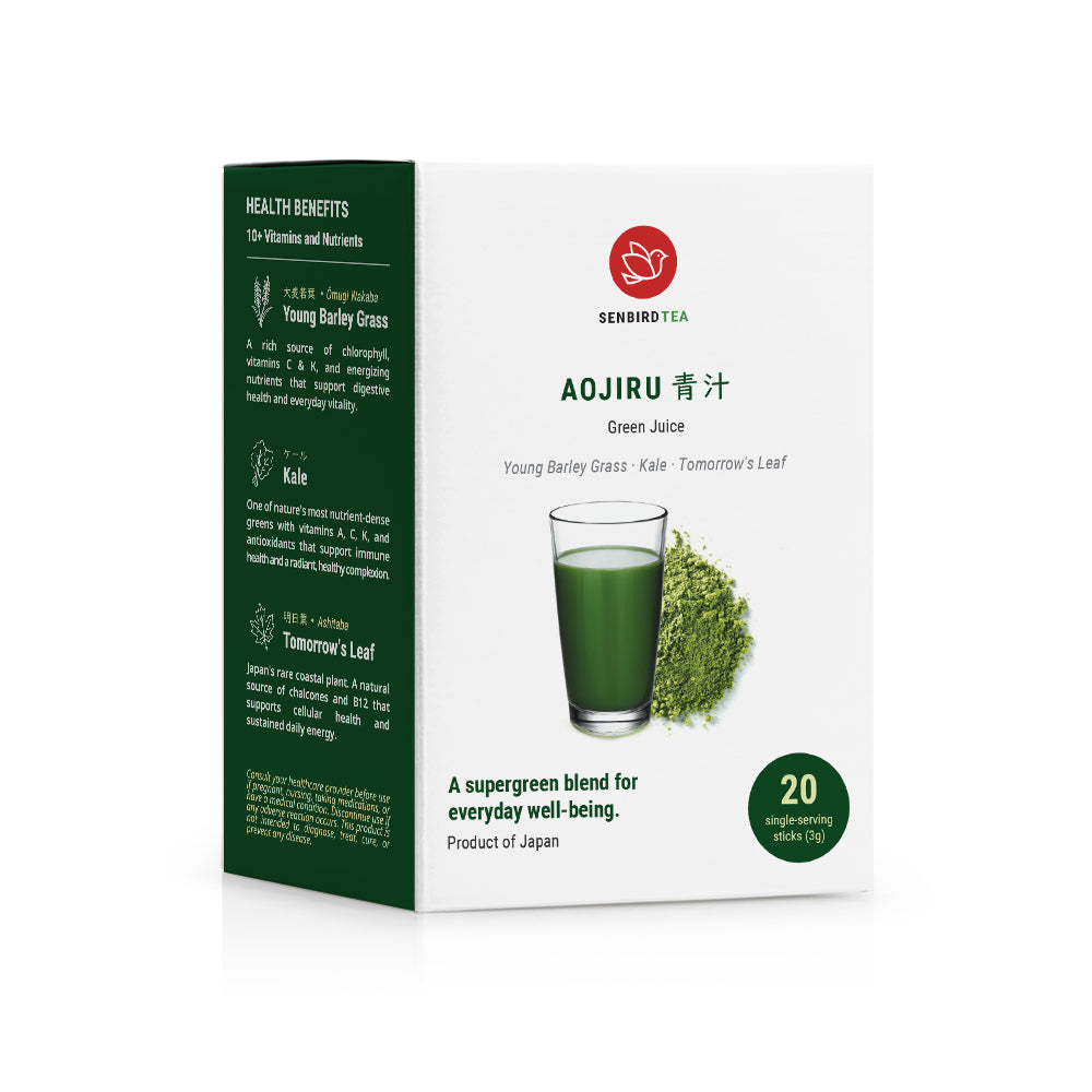 Senbird Aojiru Japanese green juice box left side showing young barley grass, kale, and ashitaba details