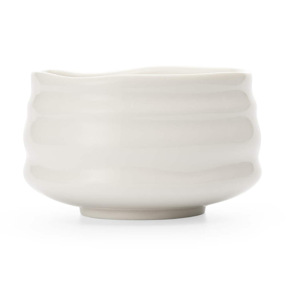 White ceramic matcha bowl chawan front view with curved ridged design Japanese green tea ceremony matcha preparation bowl by Senbird Tea