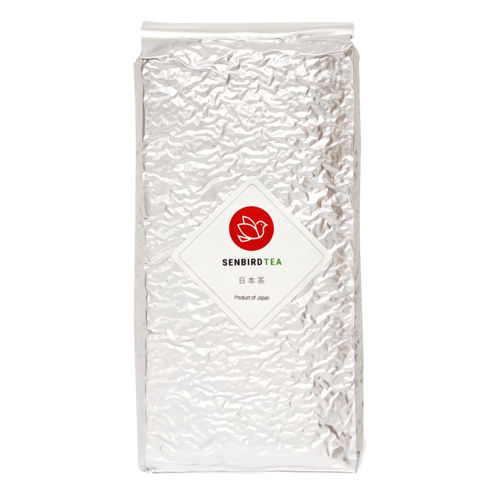 A sealed packed bag of a 1kg family size bag of Japanese Fukamushi Sencha Deep Steamed Green Tea