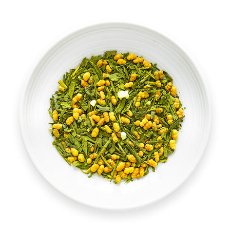 Genmaicha Japanese brown rice green tea with matcha, airtight tea canister with Senbird Tea brand logo on a white background