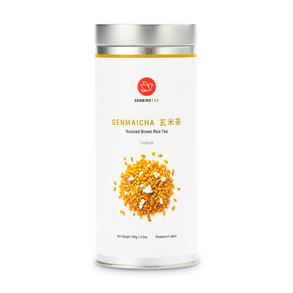 Genmaicha green tea Tsukimi roasted brown rice tea 100g canister front view by Senbird Tea with golden toasted rice and white mochi puffs Japanese genmaicha