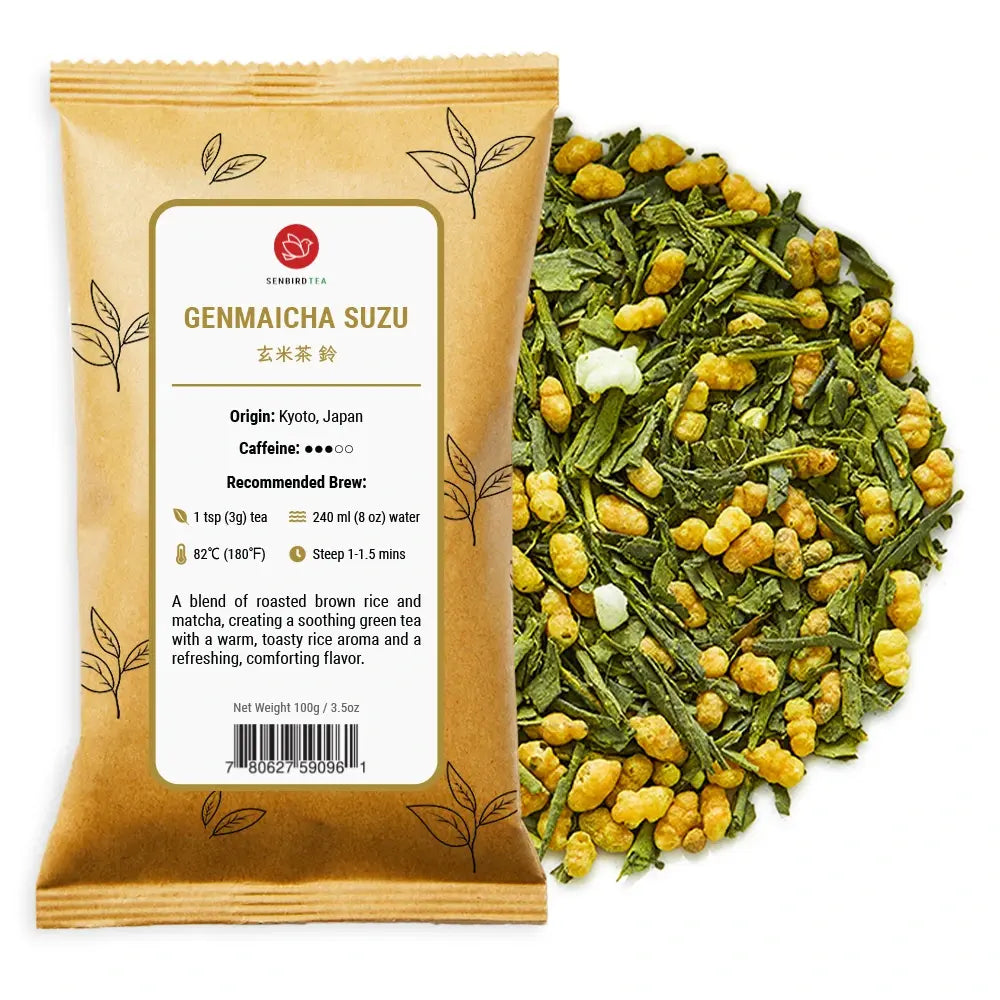 Genmai Matcha Suzu refill pouch with loose genmaicha green tea leaves spilling out Senbird Tea kraft bag with roasted