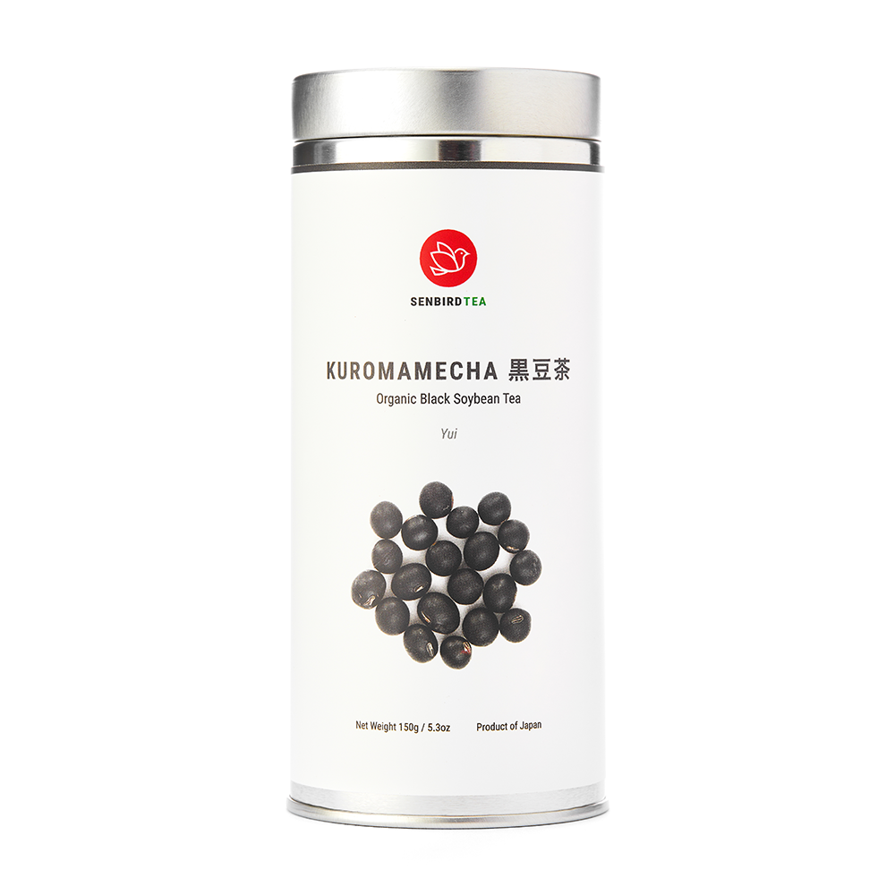 Kuromamecha Yui organic black soybean tea 150g canister front view by Senbird Tea caffeine-free Japanese kuromame herbal tea wholesale