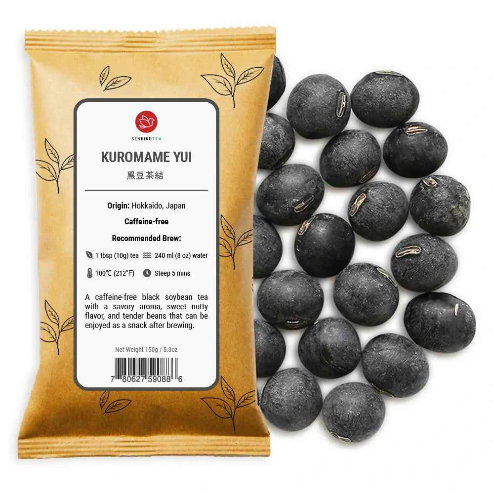 Kuromamecha Yui black soybean herbal tea loose leaf pile with refill pouch