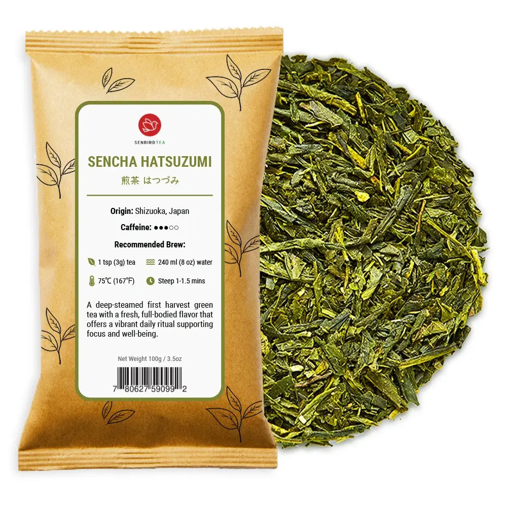 Sencha Hatsuzumi refill pouch with loose leaf Japanese green tea pile by Senbird Tea