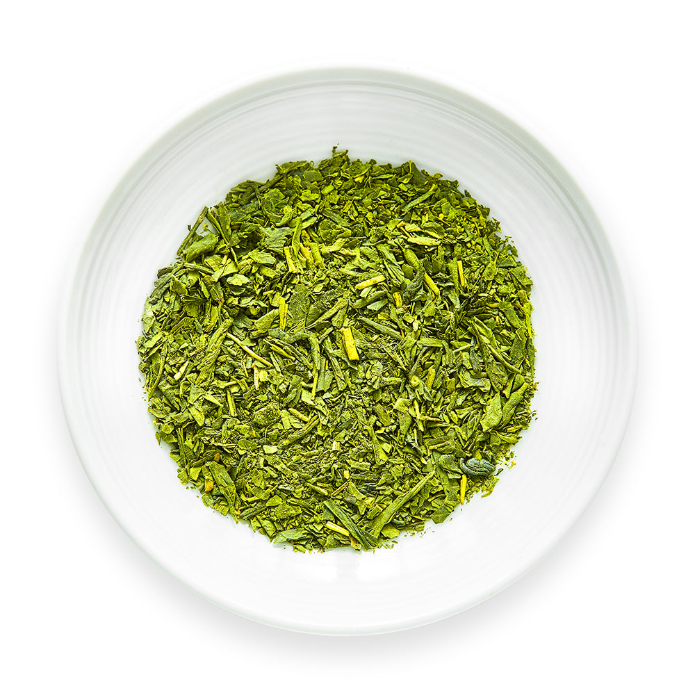 Sencha with Matcha Hime blend loose tea on white dish showing green leaves with matcha coating
