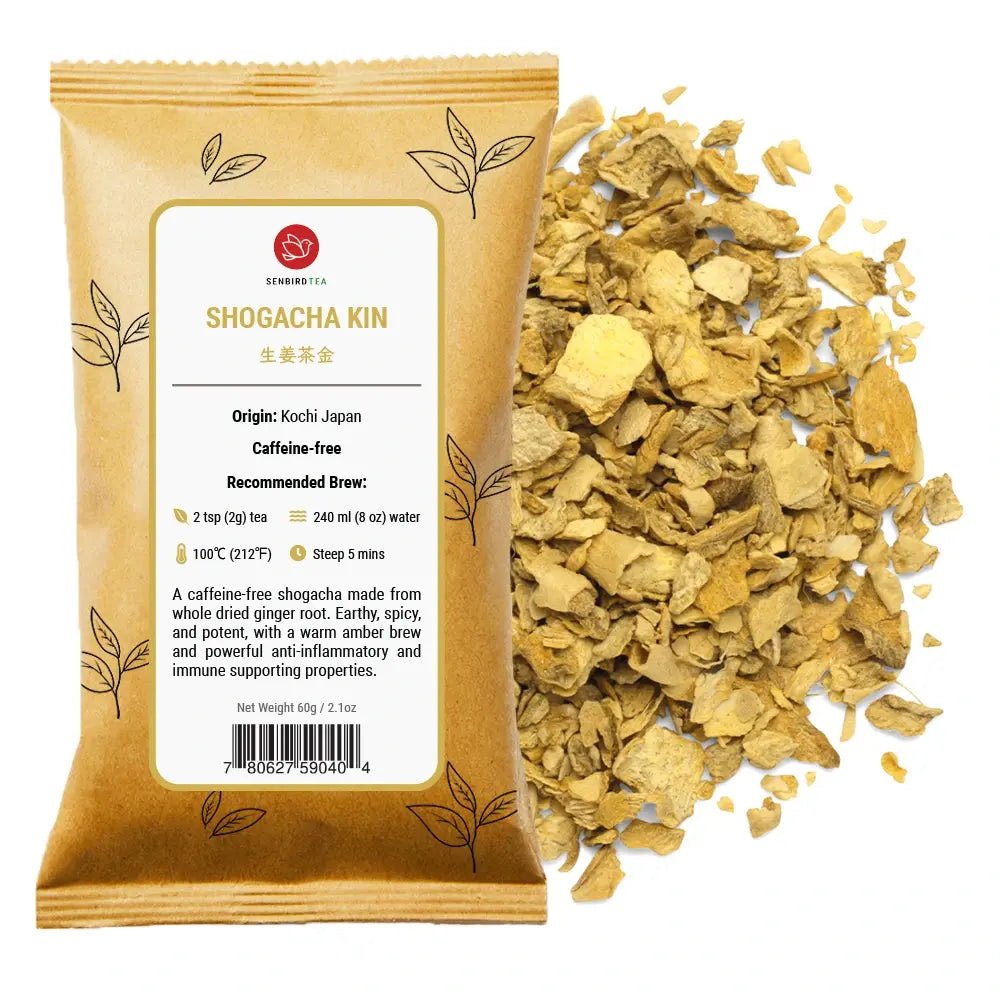 Senbird Shogacha Japanese tea refill pouch with loose ginger herbal tea