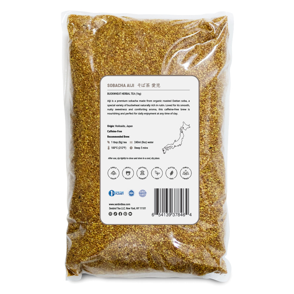 Sobacha Aiji back label image for family size, bulk, and wholesale Japanese tea