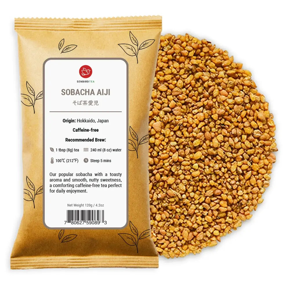 Sobacha buckwheat herbal tea Aiji refill pouch with loose roasted buckwheat tea kernels pile by Senbird Tea