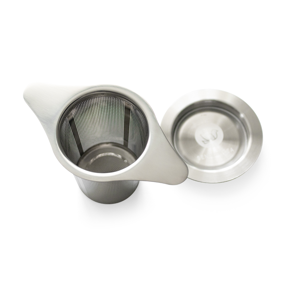 Reusable stainless steel tea infuser with lid top view fine mesh loose leaf tea strainer for cups and mugs by Senbird Tea