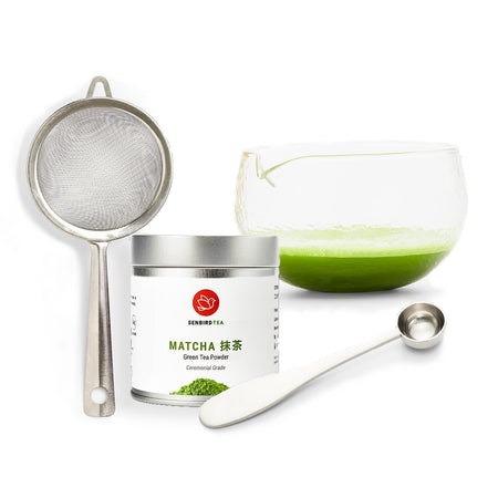 Senbird Modern Matcha Set bundle with mesh sifter, matcha bowl chawan, stainless steel matcha spoon and ceremonial green tea powder from japan