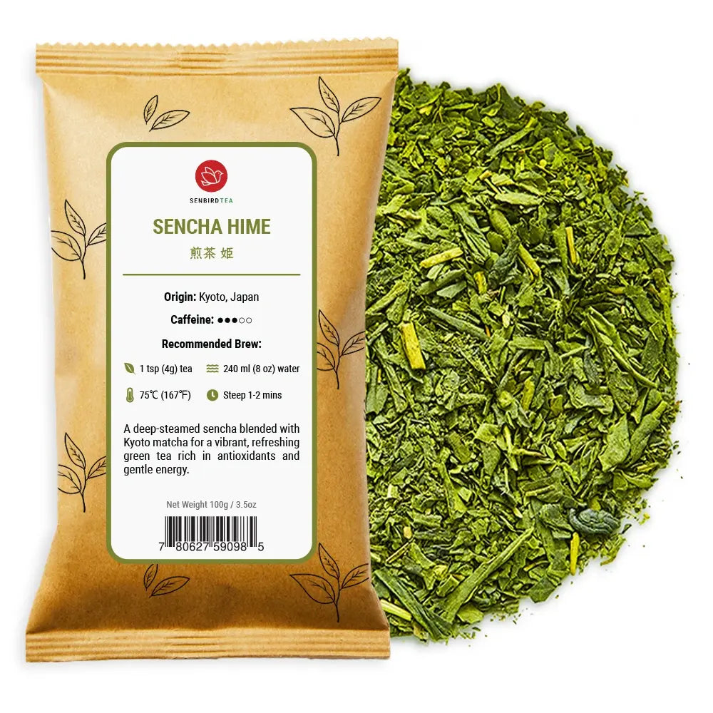 Sencha with Matcha Hime refill pouch with loose leaf green tea blend pile by Senbird Tea