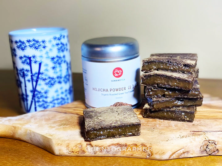 Mochi Brownies with tea tin and a glass
