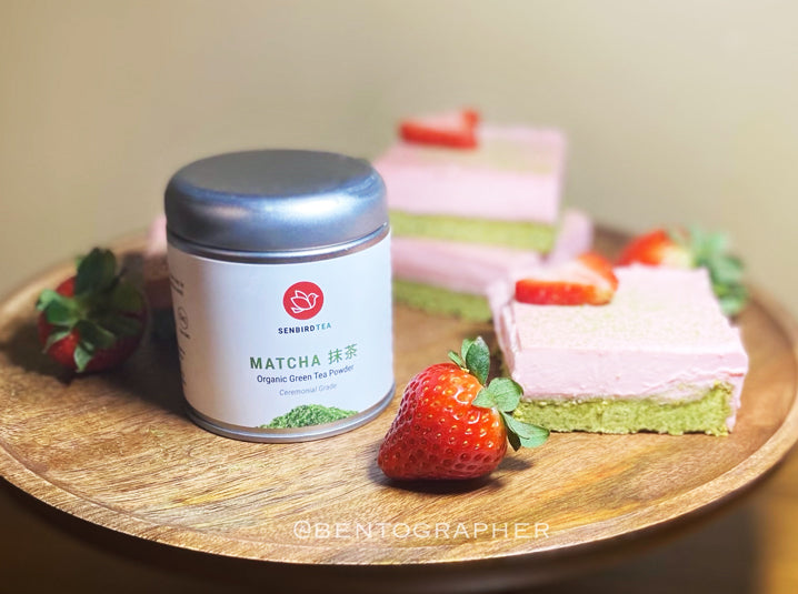 Strawberry Cream Matcha Shortbread Bars & Matcha tea tin