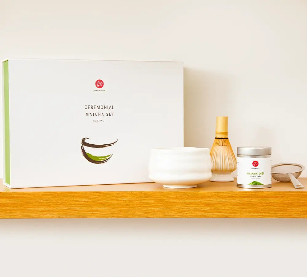Senbird Tea ceremonial matcha green tea set with chawan, bamboo whisk, matcha tin, sieve, and gift box
