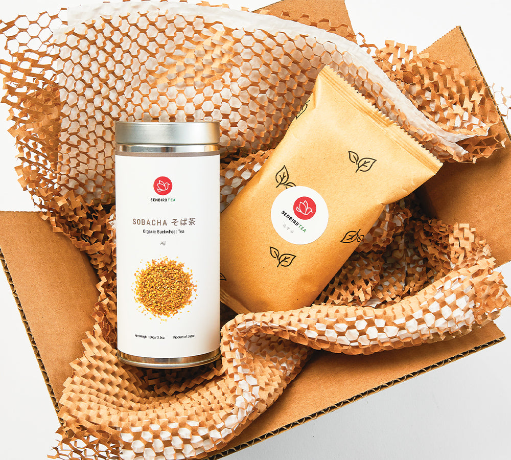 Senbird Tea sobacha tin and Japanese herbal tea refill pouch packed in a gift box with honeycomb paper