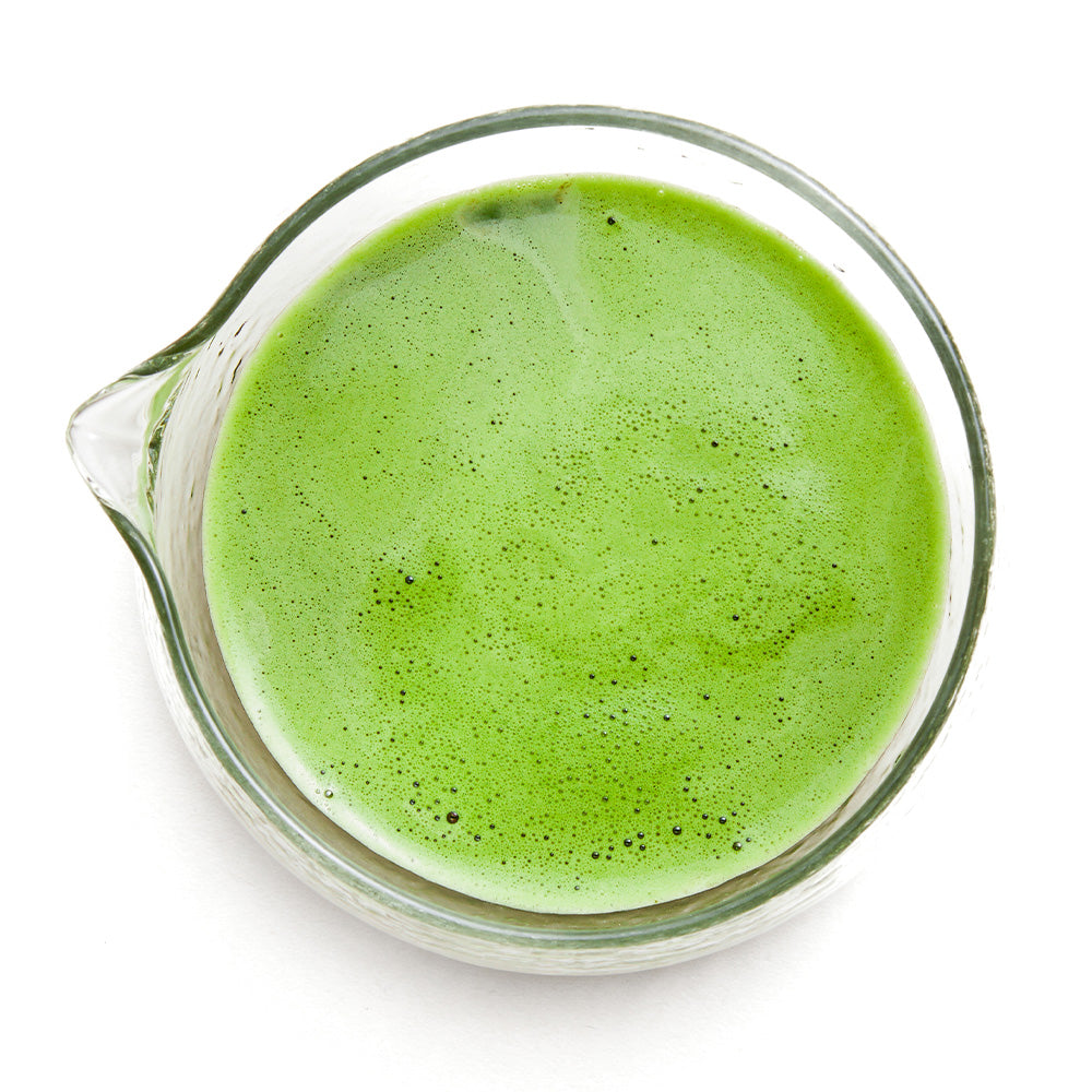 clear glass matcha bowl with matcha top view