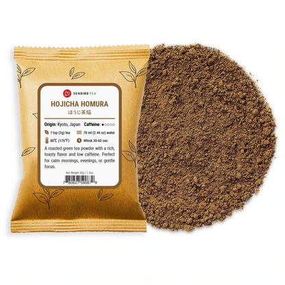 Hojicha Homura refill pouch with roasted Japanese green tea powder pile by Senbird Tea