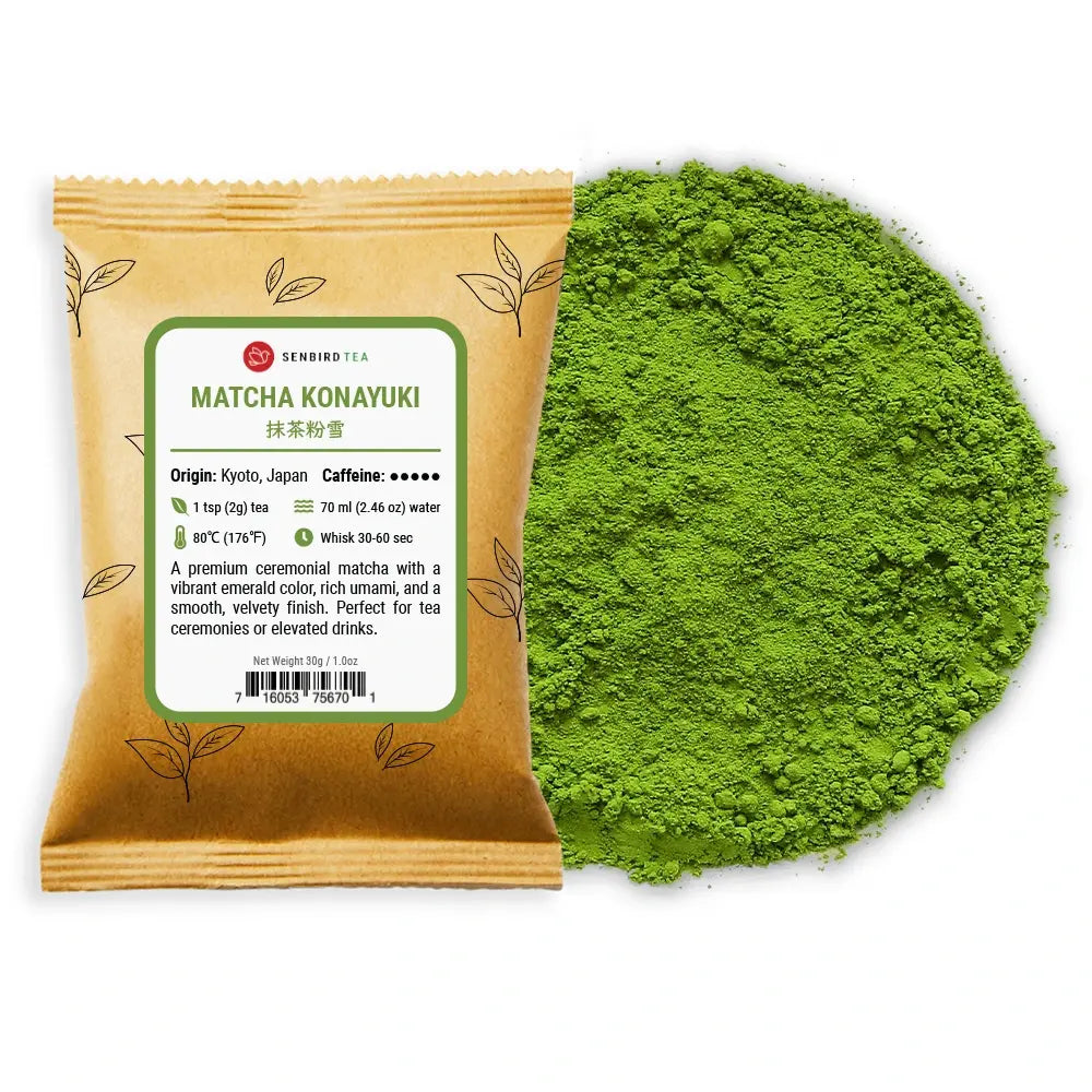 Matcha Konayuki refill pouch with ceremonial grade Japanese green tea powder pile by Senbird Tea