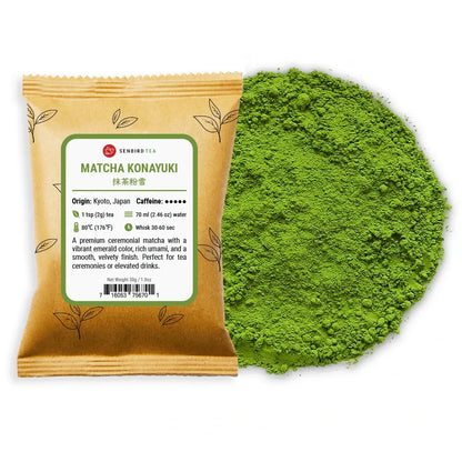 Matcha Konayuki refill pouch with ceremonial grade Japanese green tea powder pile by Senbird Tea