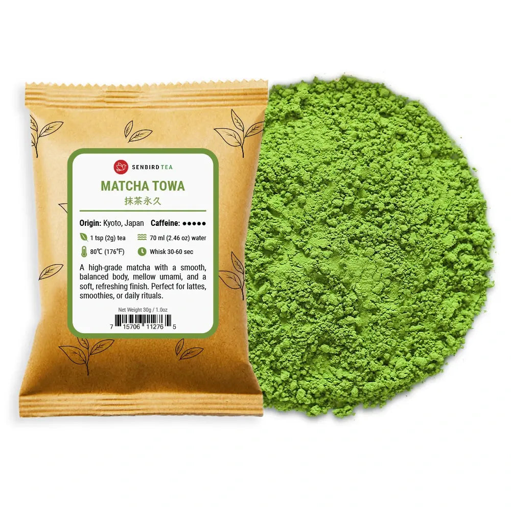 Matcha Towa refill pouch with Japanese green tea powder pile by Senbird Tea