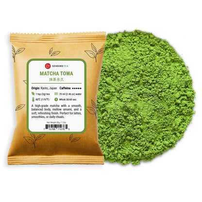 Matcha Towa refill pouch with Japanese green tea powder pile by Senbird Tea