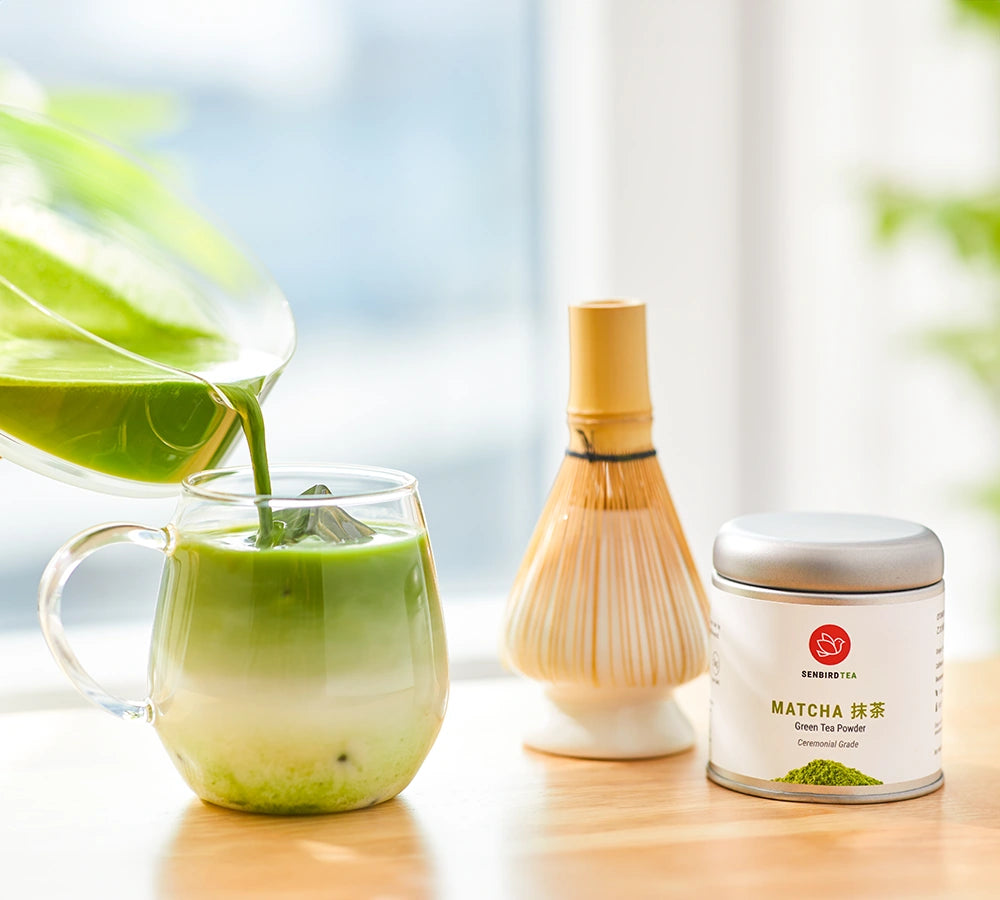 Wholesale matcha latte with Japanese green tea tin, bamboo whisk, and iced milk