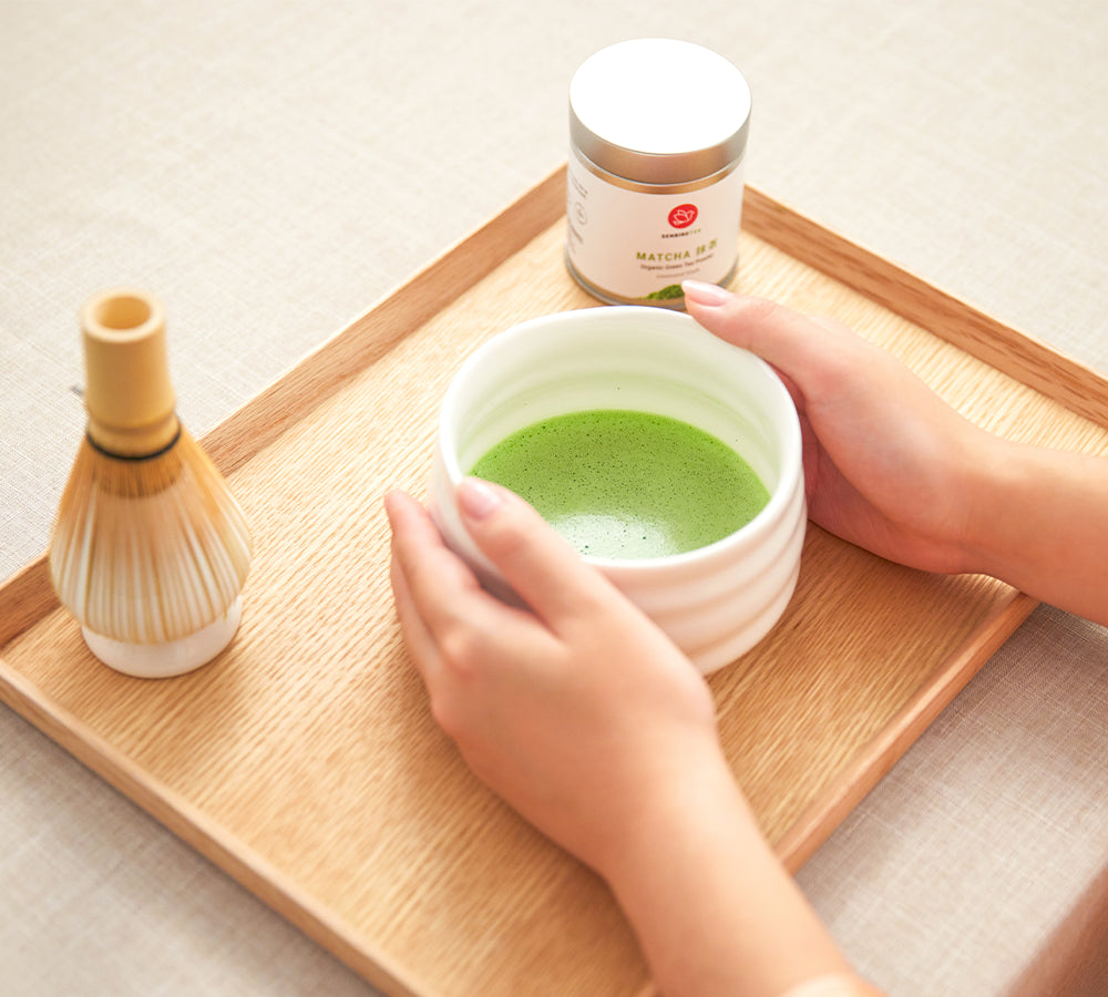 Usucha matcha tea ceremony Japanese green tea bowl with bamboo whisk, stand, and senbird tin