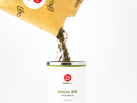 Refill Senbird tin with loose sencha Japanese green tea leaves