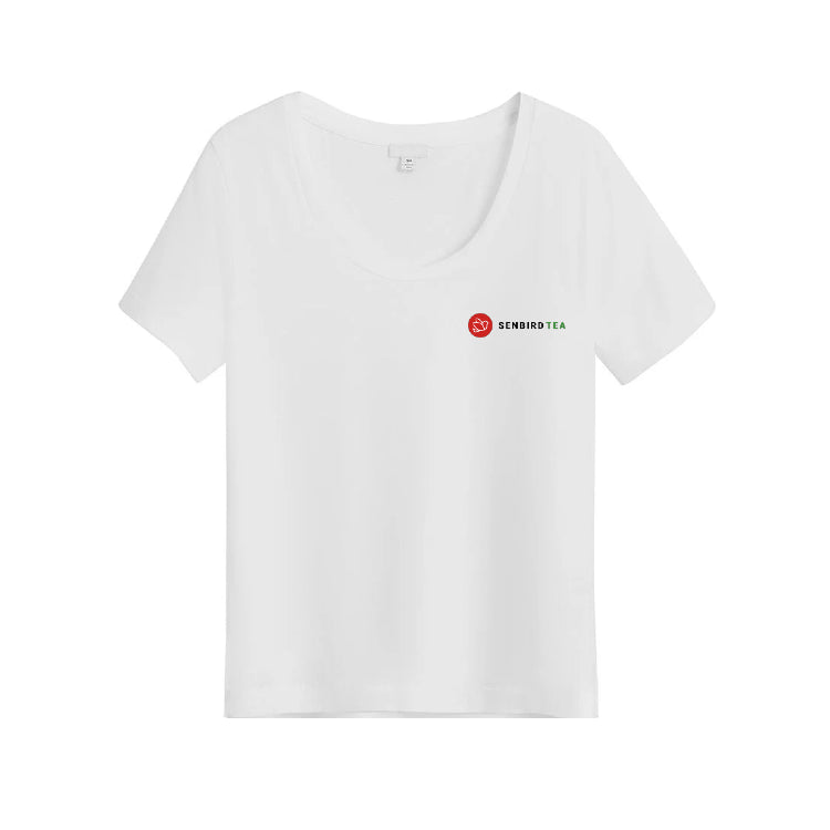 Senbird Tea branded t-shirt close-up showing logo and design detail