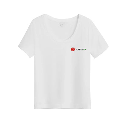 Senbird Tea branded t-shirt close-up showing logo and design detail