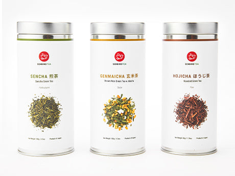 Choose tins labeled Sencha, Genmaicha, and Hojicha for Japanese green tea refills