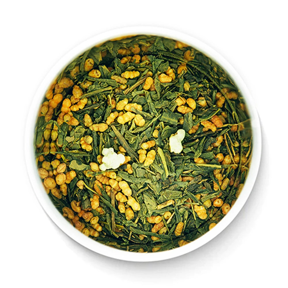 Genmai Matcha Suzu tea inside open tin by Senbird Tea