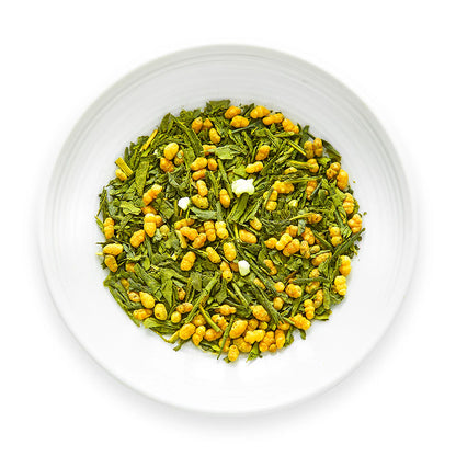 Genmai Matcha Suzu tea on dish by Senbird Tea
