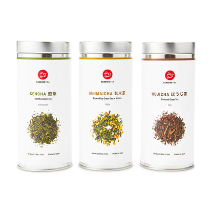 Senbird Japanese Green Tea Gift Set contents showing Sencha Hatsuzumi Genmaicha Suzu Hojicha Yuu tins