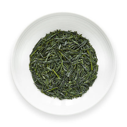 Gyokuro Mikado tea on dish by Senbird Tea