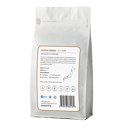 Hojicha Homura back label image for family size, bulk, and wholesale Japanese tea