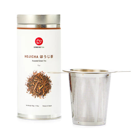 Hojicha Infuser Set contents with Hojicha Yuu roasted green tea canister and reusable stainless steel tea infuser