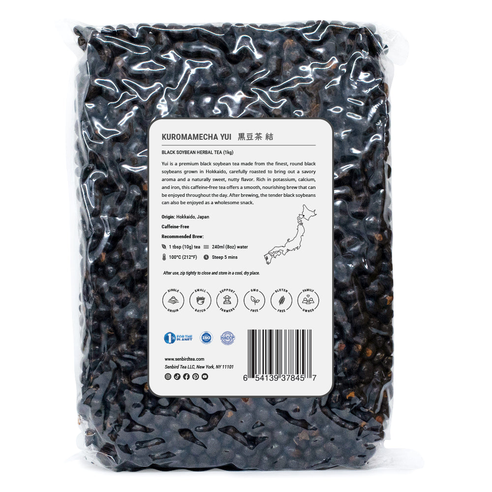 Kuromamecha Yui back label image for family size, bulk, and wholesale Japanese tea