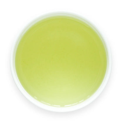 Brewed Sencha Hatsuzumi in white cup showing golden green liquor - Japanese loose leaf green tea