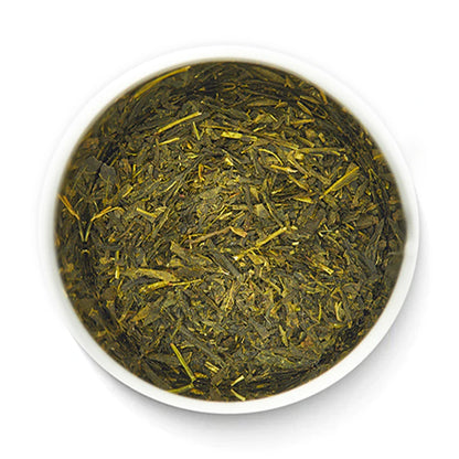 Sencha Hatsuzumi loose leaf green tea inside open tin showing tightly rolled leaves by Senbird