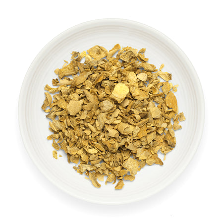 Shogacha Kin Japanese herbal tea loose leaf on a white dish