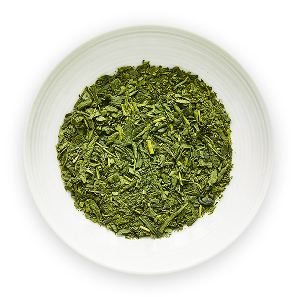 sencha_hime_classic_sencha_with_matcha_green_tea_loose_leaf_tea_on_dish