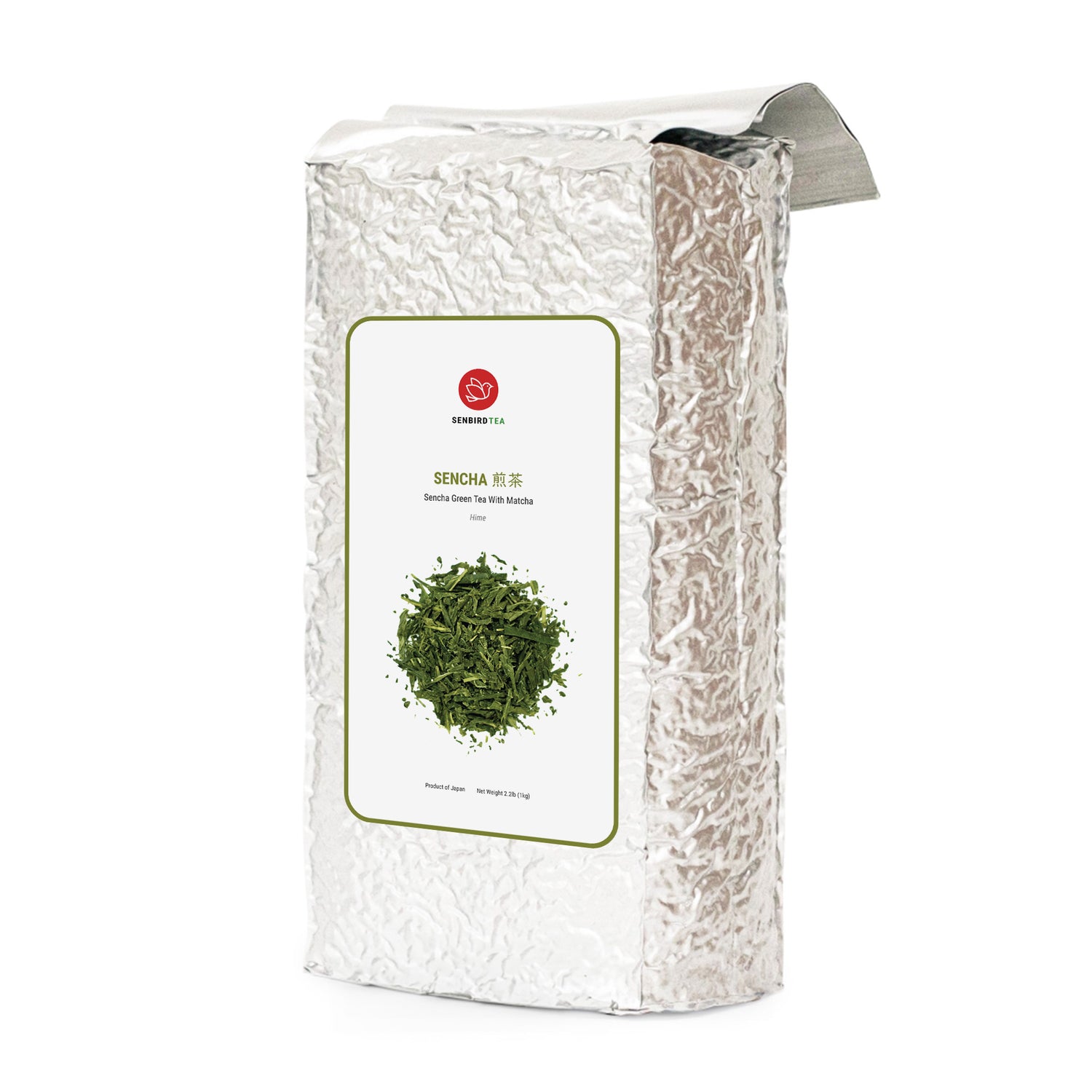 Senbird Sencha Hime with Matcha family size bulk pouch side view - value green tea blend