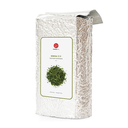 Senbird Sencha Hime with Matcha family size bulk pouch side view - value green tea blend