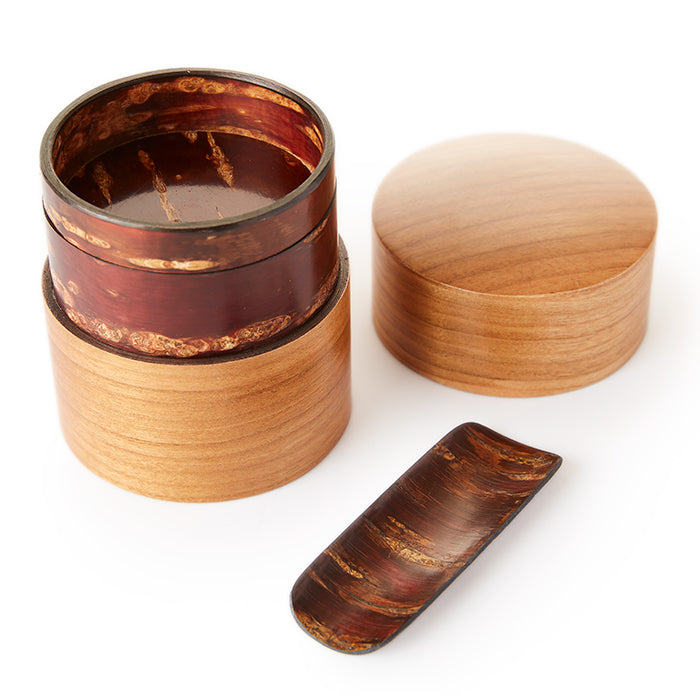 handmade_cherry_wood_tea_canister_chazutsu_made_from_bark_of_tan_colored_cherry_blossom_trees_tea_caddy_with_cherry_wood_tea_scoop